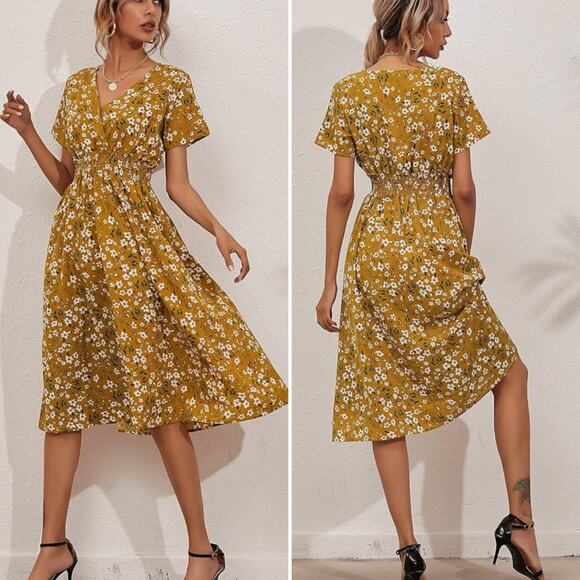 💥 MakeMeChic Women's V Neck Floral Print A Line Midi Dress Mustard Yellow Small - Picture 1 of 9